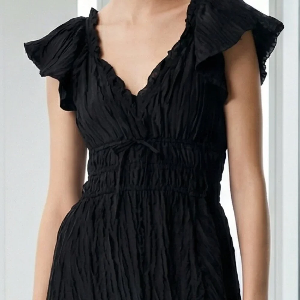 J. Crew Black Crinkled Midi Dress with Shoulder Ruffle and Side Slit NWT